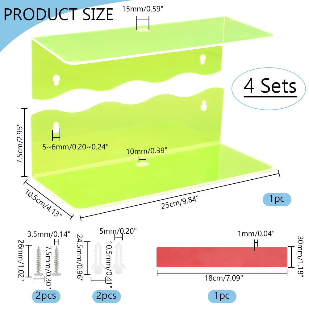 PH PandaHall Acrylic Wall Mounted Display 4 Sets Fluorescent Green Floating Shelf Wall Hanging for Storage Shelf Home Display Ledges for Kitchen Bathroom Collectibles Livingroom 25x10.5x7.5cm - Image 3