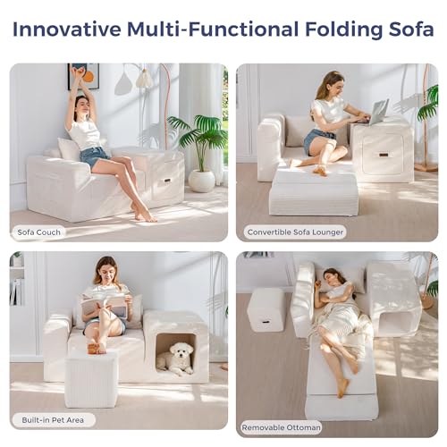 Image of MAXYOYO Folding Sofa Couch, Convertible Floor Sofa with Armrest, Multifunctional Sofa with Pillow and Pockets, Boneless Couch for Living Room, Beige