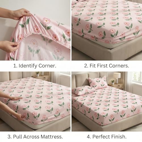 Image of BSB HOME Cloud Cotton King Size Fitted Bedsheet 78 x 72 + 10 Inches | 220 Thread Count Soft & Breathable Cotton Fitted Bed Sheet with Elastic, Deep Pocket Bedding for Home (Pink)
