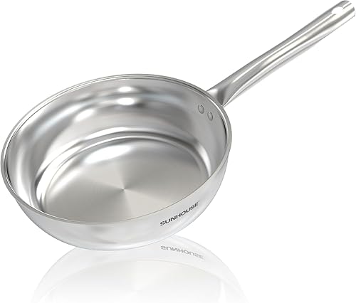 Sunhouse Sartén de acero inoxidable de tres capas de 8 pulgadas, sin revestimientos, con mango que se mantiene fresco para cocinar, duradera y apta