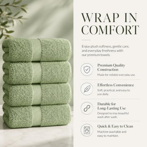 Image of Sulfar 100% Combed Cotton, Quick Drying Highly Absorbent, Luxury Hand Towel Set (Pack of 4, 40 X 70 cm) Nature Green