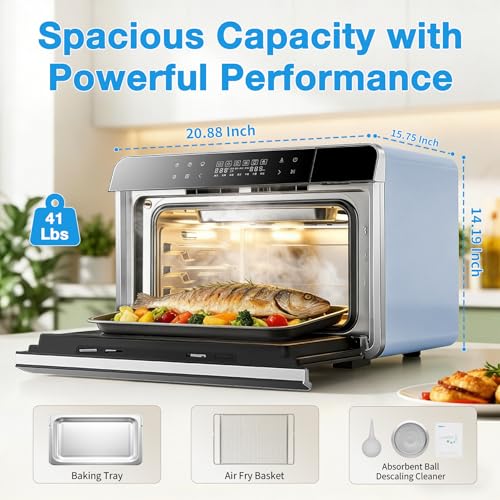 Image of ROBAM Toaster Air Fryer Combi Oven, Countertop Steam Oven 14-in-1 with Convection Steam Roast & Bake, Multi-Stage Cooking, Self-Clean, 7 Modes, 30 Built-In Recipes, for Kitchen Pizza Baking (Blue)