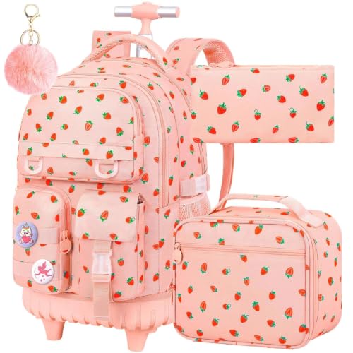 Image of CCJPX Rolling Backpack for Girls, 3Pcs Roller Wheeled School Bookbag, Strawberryra Wheels Backpacks with Lunch Box for Kids (Pink)