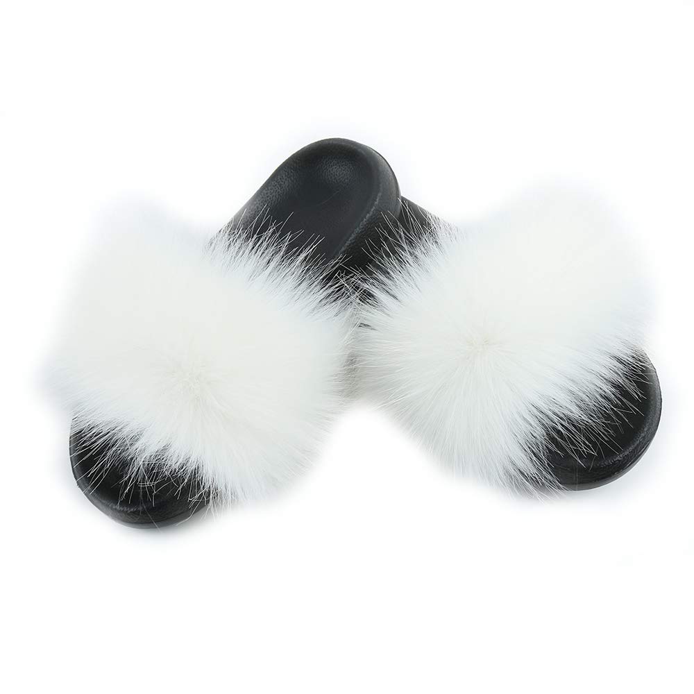 Hiser Women Fluffy Faux Fur Slipper Sliders, Ladies Furry Open Toe House Slippers Cozy Comfy Non Slip Sliders for Walking Indoor Outdoor (Bright white,UK3.5-4/250)