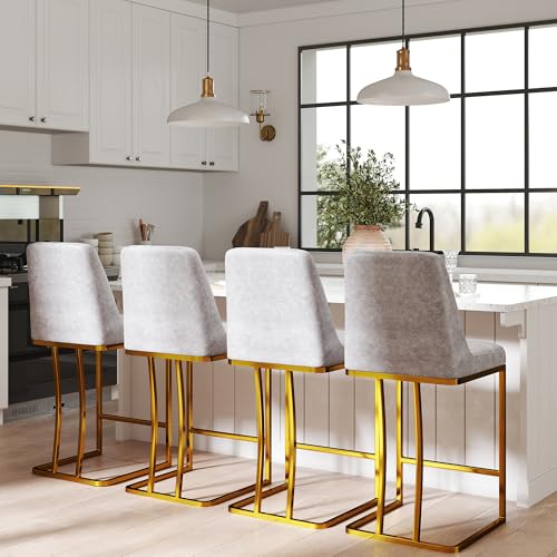 Image of LSSBOUGHT Counter Height Bar Stools Set of 2 24'' Upholstered Padded Barstools with Back Leathaire Counter stools for Kitchen Island Chairs with Gold Metal Iron Frame, Gray