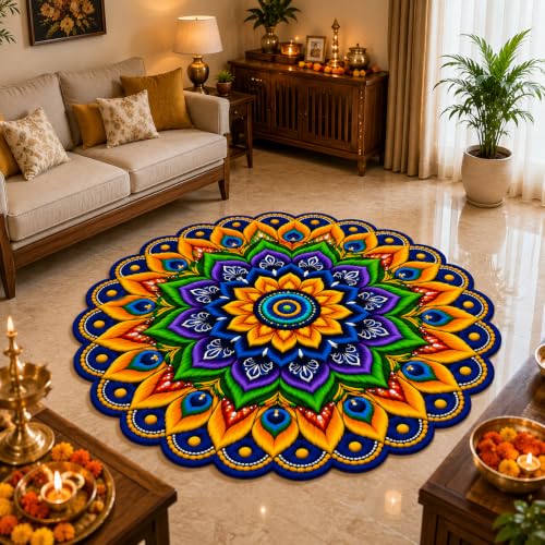 Image of 3D Rangoli | Floral | Mandala Art | Door Mat | Water Absorbent, Anti-Skid, Machine Washable Floor Mat | Soft Microfiber Carpet for Home, Living Room & Bedroom | Premium Mat (Mandala Art 1, Round)