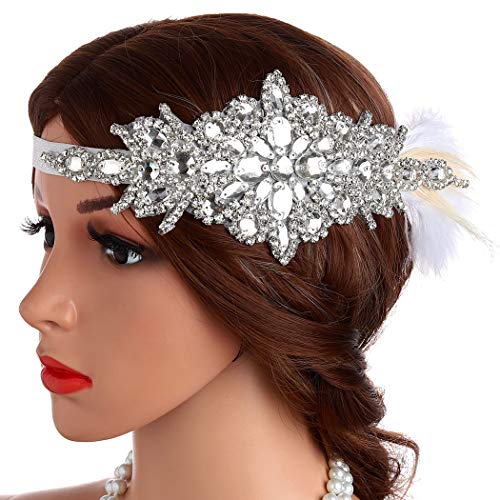 Fashband 1920S Flapper Headband Vintage White Feather Crystal Art Deco Roaring 20s Gatsby Inspired Headpieces Flapper Hair Accessories for Wedding Party Halloween Prom Women Girls