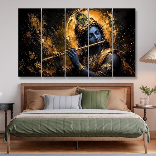 Image of Nozvera Lord Krishna Playing Flute 5 Panel Wall Painting | UV Printed on 7mm Premium MDF Board | 48x24 Inch Large Wall Art for Living Room Bedroom Pooja Room | Antifade Waterproof Home Decor Gift