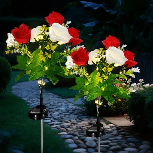 2 Pack Rose Solar Flower Outdoor Lights Waterproof IP65 Garden Light Rose Petal Design for Patio Yard Fence garden ornamentmother birthday gifts(Red)