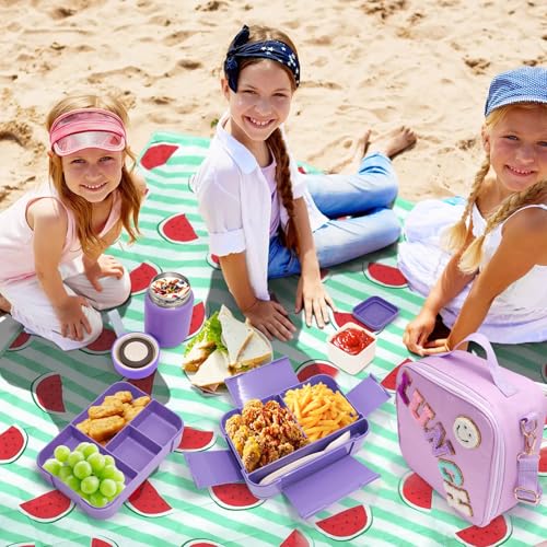 Preppy Lunch Box for Girls with 10oz Thermo, with 6 Compartment Bento Box, Purple Nylon Insulated Lunch Bag Adjustable Strap for Girl Kids Teens School Travel Picnic - Image 3