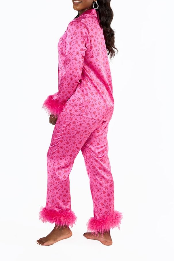 Mommy and Me Matching Christmas Pajamas Set Feather Fur Trim Xmas Pjs Set 2 Piece Silk Sleepwear for Women Girl4