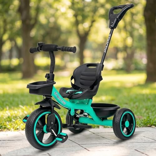 Image of Amazon Brand - Symactive Tricycle for Kids | Plug N Play | Baby Cycle with Parental Control, Eva Wheels, Bell, Seat, Belt & Basket | Kids Tricycle | 2+ Years Unisex | Weight Limit 25 Kgs (Ice Blue)