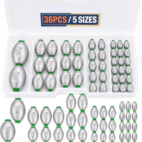 Hfuiqau 5size 36pcs Egg Weights Kit Slip Sinkers Assortment 1/8oz1oz Options Fishing Weights Smooth PlasticLined Large Bore Partitioned Tackle Box Fishing Weights for Shore & Boat