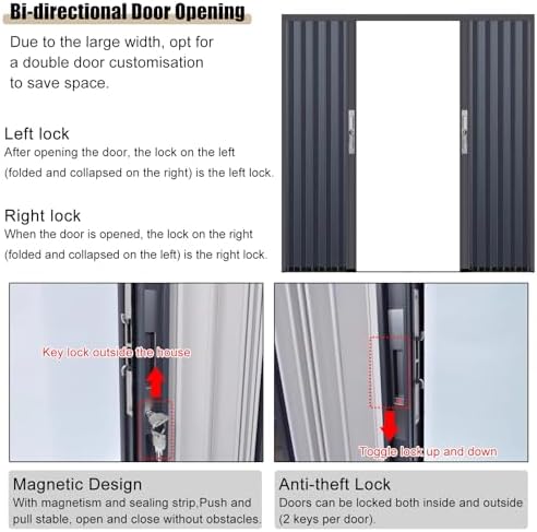 Double Folding Door Fitting Set for 60"-96" Openings, Bi-Fold Sliding Accordion Door, White Gray Aluminum Alloy, Interior with Lock & Key, 165cm x 230cm (65" x 90")