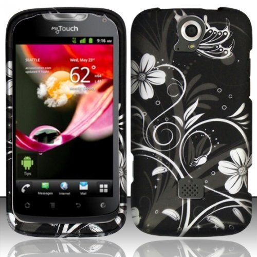 Black Flowers Hard Case Snap On Rubberized Cover For Huawei myTouch Q 2 U8730 (T Mobile)