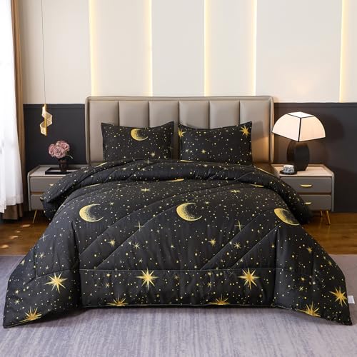 Caressma Black Comforter Moon Star Teen Boy Girl Galaxy Bedding Microfiber Twin Size Set 2 Pieces for All Seasons with Pillowcase