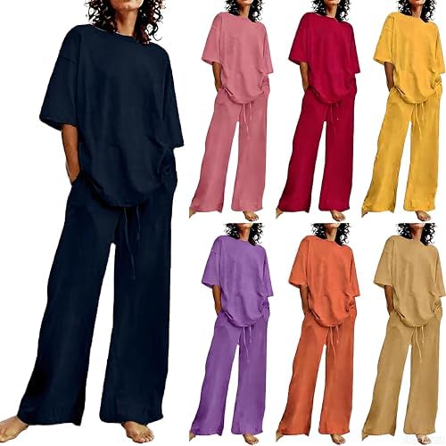 Summer Outfits for Women 2 Piece 3/4 Sleeve Crewneck T Shirts Wide Leg Pants Matching Vacation Beach Travel Outfits