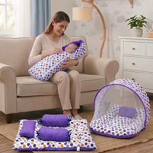Image of Fareto Combo of Baby Bed with Net | Carry Bag | 4 Pcs Bedding Set (0-6 Months, Baby Size, Cotton) (Purpal)