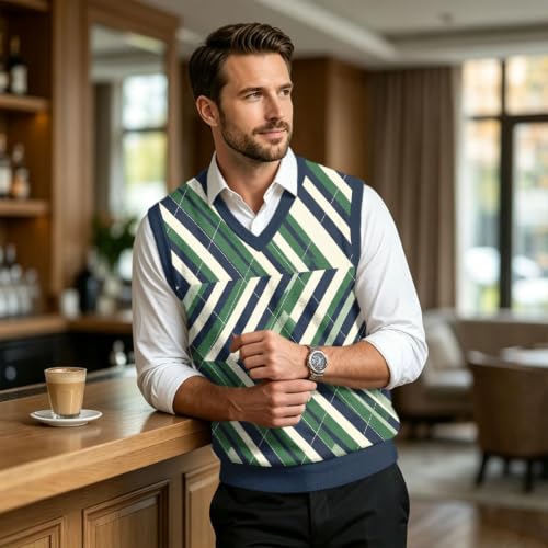 Christmas Sweater Vest Men V Neck Plaid Knit Lightweight Pullover Sweater - image 4
