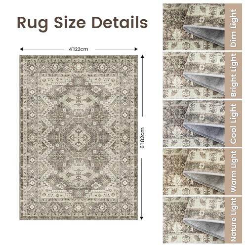Rugland 4x6 Rug - Stain Resistant Washable Rug, Anti Slip Backing Rugs for Living Room, Vintage Tribal Area Rugs (TPR07-Ivory, 4'x6')