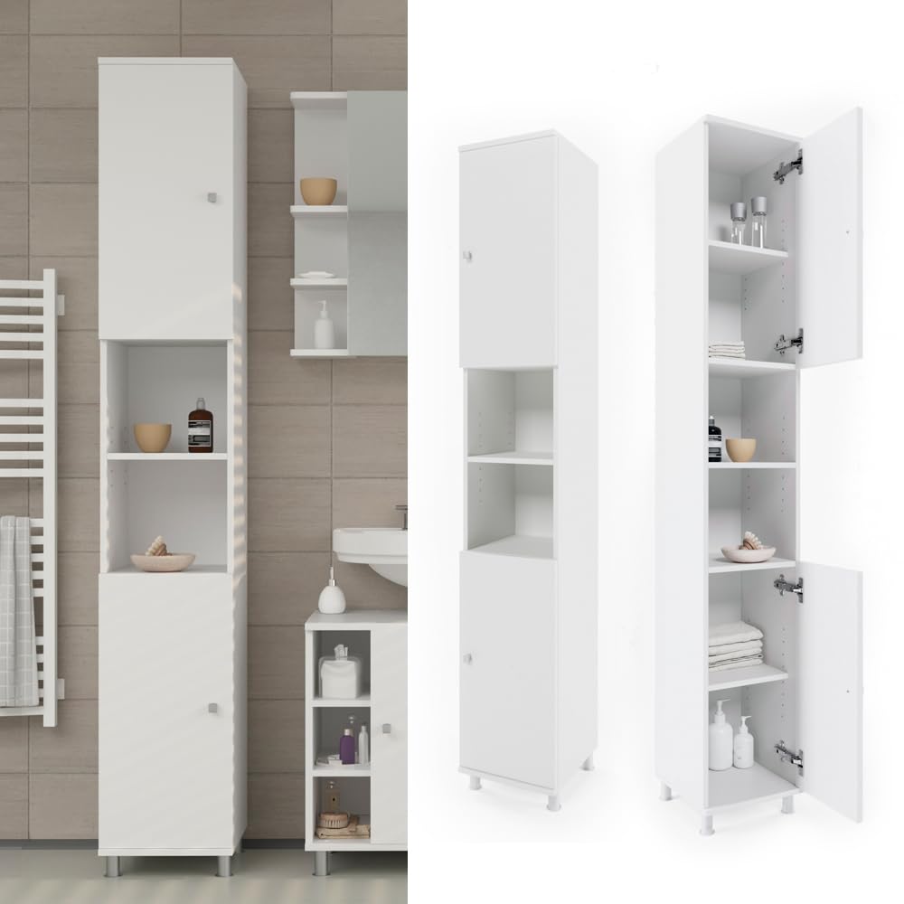 Vicco Armario de baño Fynn, Blanco, 30 x 190 cm | para guardar artículos de baño y toallas
