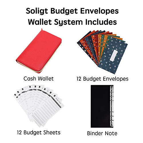 Soligt All-in-One Cash Envelopes Wallet with 12 Budget Envelopes & Budget Sheets - Red