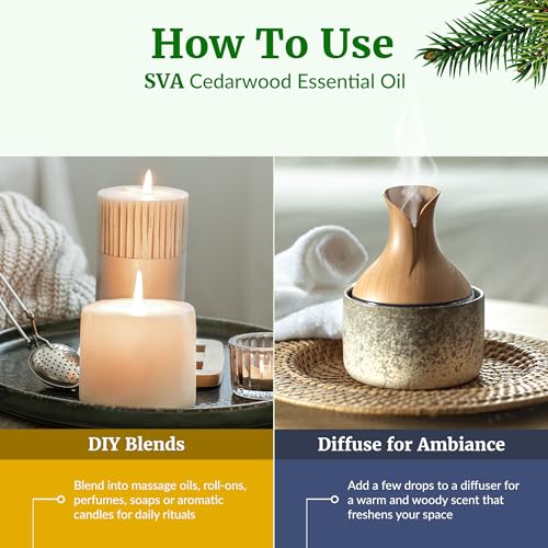 Image of SVA Cedarwood Essential Oil, Glass Bottle with Dropper, 4 Fl Oz (118 ml) | Cedarwood Oil for Hair Care, Scalp Care, Body Massage, Diffuser, Home Fragrance, Soap Making, Room Spray & DIY Projects