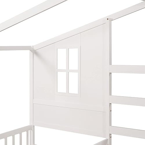 Miniatura 9 de Cama de casa en forma de L para 2 niños marcos de cama doble individual para niños con techo ventanas valla y diseño de listones cama doble