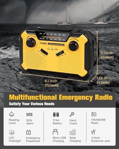 Image of 【Built-in 3000mAh Battery】 J-369 Multifunctional Hand-Crank Emergency Radio AA Battery Operated, Solar-Powered AM /FM Radio, Flashlight & Reading Light, Built-in Speaker, SOS Alarm, with Lanyard