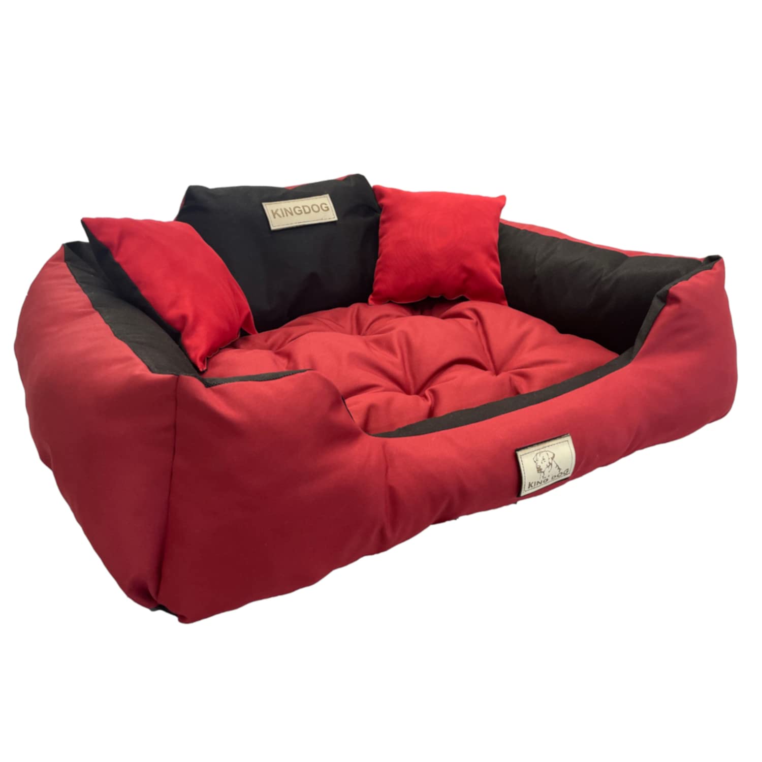 KingDog Letto Divano Per Cani E Gatti 75x65 Cm Con Due Cuscini – Cuccia Lavabile E Impermeabile, Antigraffio, Rosso, Perfetta Per Animali Di Taglia Media