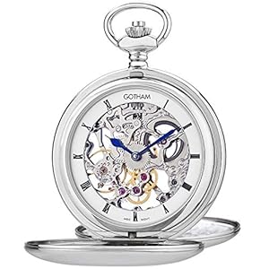 Gotham Men’s Chrome Plated Brass Double Cover Exhibition Mechanical Pocket Watch # GWC18804S