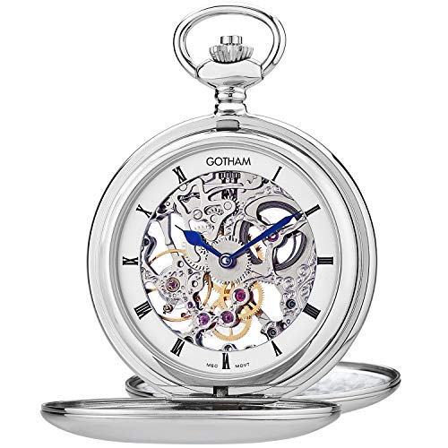 Gotham Men’s Chrome Plated Brass Double Cover Exhibition Mechanical Pocket Watch # GWC18804S