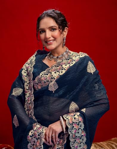 Image of SIRIL Women's Shimmer Chiffon Sequence Embroidery Saree With Unstitched Blouse Piece for Wedding and Parties