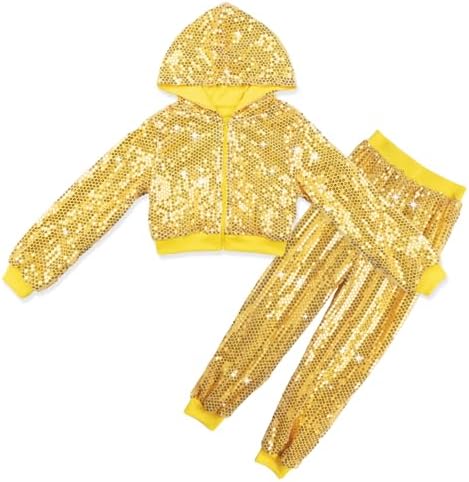 LOLANTA 2Pcs Boys Girls Sequin Hooded Jacket & Pants Set Kids Hip Hop Dance Clothing 90s Theme Party Outfits for 5-14 Years