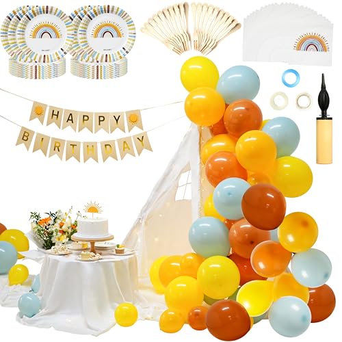 Sun Birthday Decorations – Fall Birthday Decorations Include Sun Rainbow Balloon Arch Kit, Pump, Cake Topper, Paper Plates, Napkins, Bamboo Forks, and Banner – Boho Party Decor, Serves 20 People