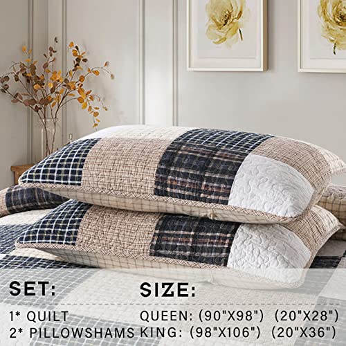 Perhom Cotton King Size Quilt - 100% Cotton Summer Lightweight Quilt Bedding Set King, Real Patchwork Farmhouse Bedspreads, Soft Reversible King Quilt/Coverlet/Comforter Sets For All Season, 3 Pieces #TOP4