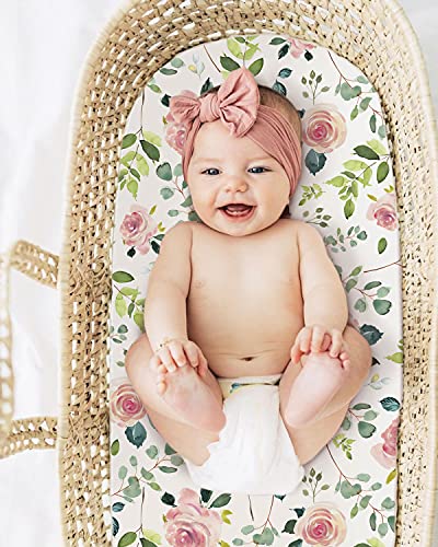 Image of GRSSDER Stretchy Ultra Soft Baby Fitted Bassinet Sheet Set 2 Pack, Universal Cradle Sheet Set for Rectangle, Oval, or Hourglass Bassinet Pad /Mattress,Pink Rose Bassinet Sheets for Girls