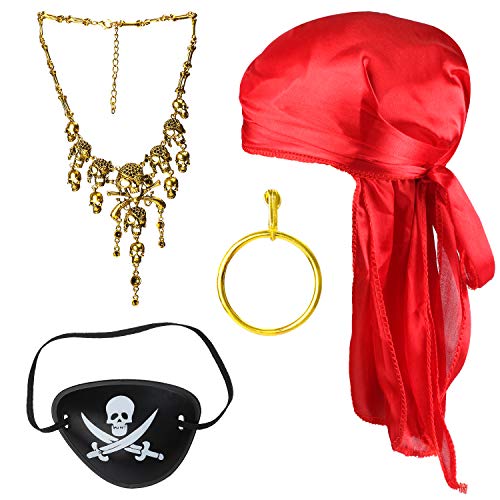Beelittle Halloween Pirate Costume Accessories Durag Long-Tail Headwraps Silky Pirate CapÂ Pirate Eye Patch Gold Earring Necklace Pirate Role Play Set (Red 2)