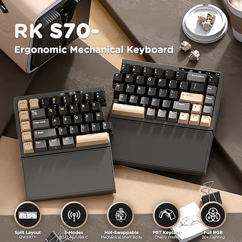 Image of RK ROYAL KLUDGE S70 Ergonomic Split Keyboard, Linear Creamy Switch Black | Wireless RGB Mechanical Keyboard with Bluetooth /2.4G /Wired, 75% Hot Swappable Gaming w /Fixed Wrist Rest, PBT Keycaps, Win /Mac