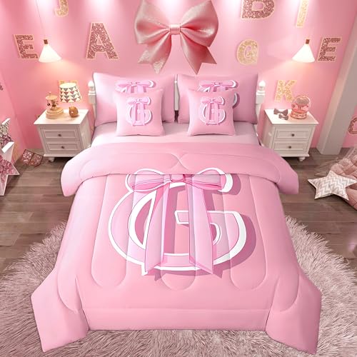 jejeloiu Dreamy Bow Bed Set, Full Size, Decor Gifts for Women Teen Girl Ultra Soft Initial Letter G 7 Pieces Beeding Set, Monogrammed Bed in a Bag with Comforter, Sheets, Pillowcases Kawaii Pink