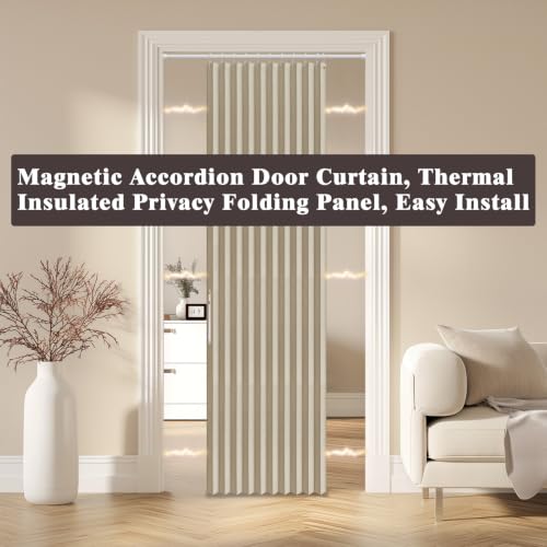 Image of AJAZZ Blackout Magnetic Door Curtain Accordion Doors Interior Folding Closet Door Curtain Invisible Applicable Bedroom Room Living Room Doorway (Cream Yellow 42 inch W x 78 inch L 1 Panel