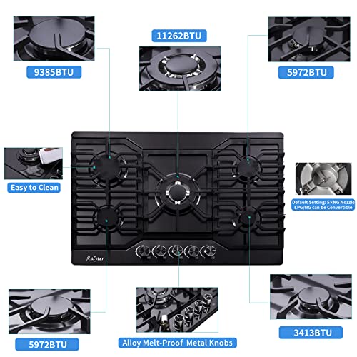 Anlyter 30 Inch Gas Cooktop, 5 Burners Built-in Stove Top Stainless Steel (Thermocouple Protection), LPG/NG Convertible Stove Dual Fuel Sealed Gas Hob - Black Anlyter 30 Inch Gas Cooktop, 5 Burners Built-in Stove Top Stainless Steel (Thermocouple Protection), LPG/NG Convertible Stove Dual Fuel Sealed Gas Hob - Black