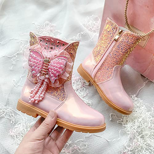 Girls Bowknot Ankle Boots Waterproof Faux Leather Side Zipper Winter Short Boots Children's Princess Boots (Pink, 10-10.5 Years Big Kids)2