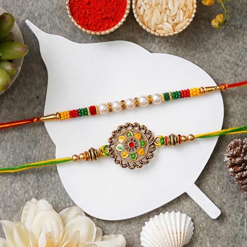Image of eCraftIndia Set of 2 Yellow, White & Maroon Designer Diamond Rakhis with Roli Chawal Pack