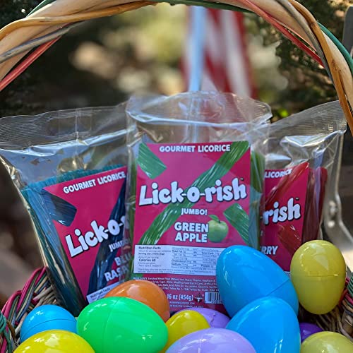 Licorice Candy Variety Pack | Gourmet Jumbo Strawberry, Blue Raspberry, Watermelon, And Green Apple Licorice | Lick-O-Rish 4 Pounds Total (Snack Gift Box Of 4 Bags, 1 Pound Each) #TOP2