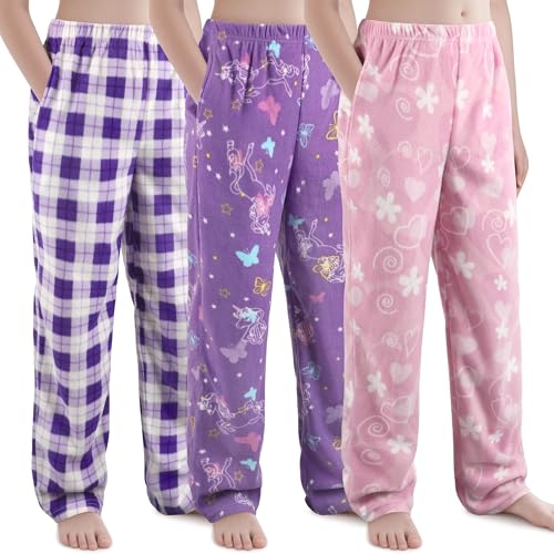 IHU 3 Pack Girls Pajama Pants Micro Fleece Soft PJ Bottoms for Kids Cute Print Lounge Sleep Clothes with Pockets