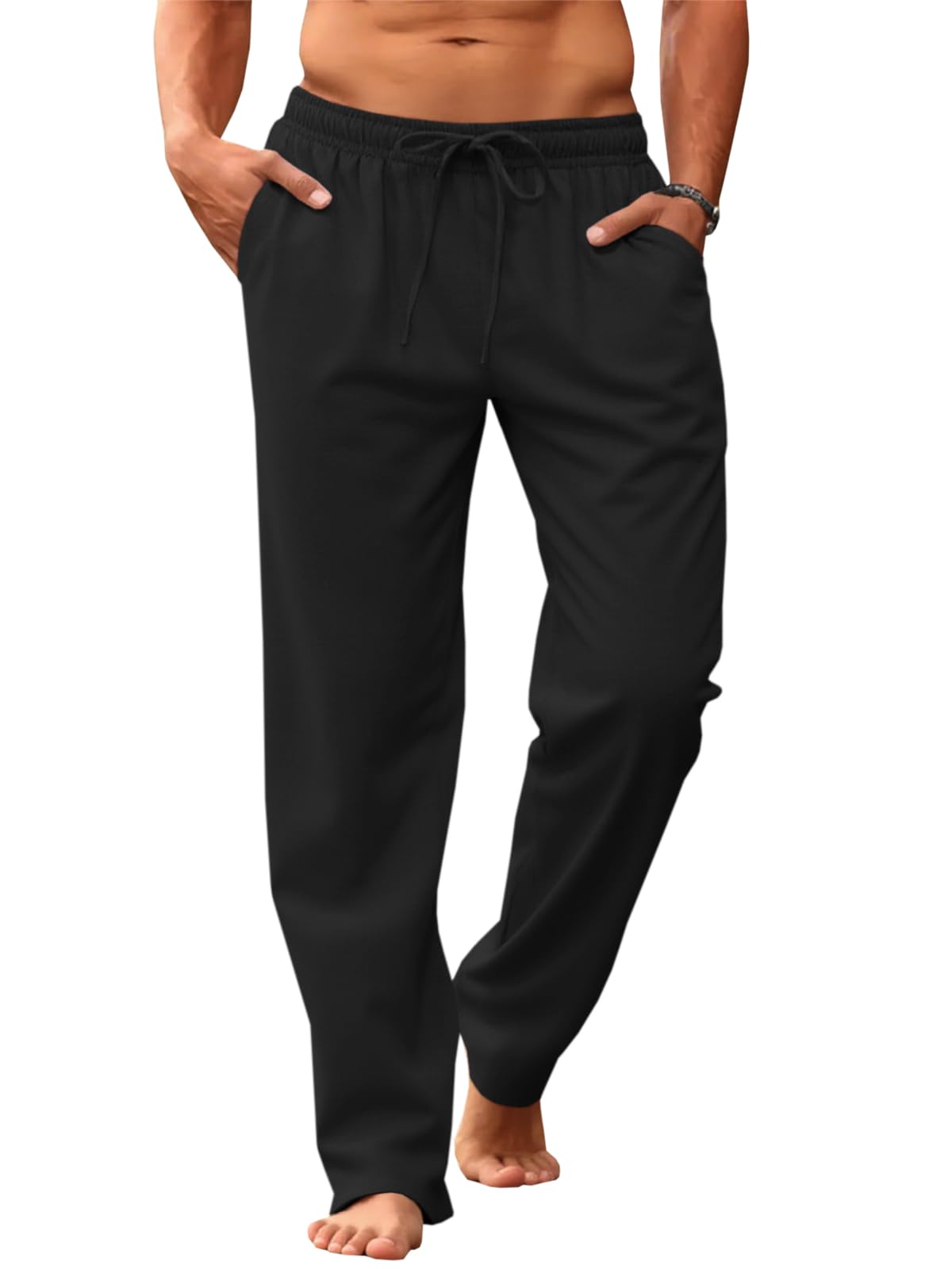 Makkrom Mens Casual Pants Drawstring Elastic Waist Lightweight Linen Pants Loose Fit Summer Beach Yoga Trousers