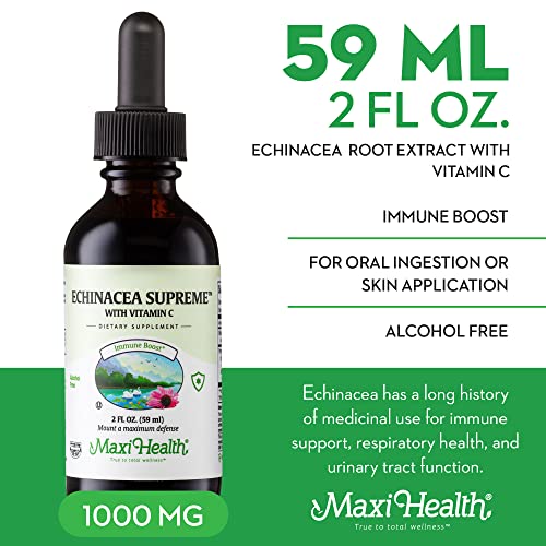 Maxi Health - Organic Echinacea Supreme Liquid Extract With Vitamin C - Immune Support Supplement Echinacea Drops - 1000Mg Echinacea Root & Whole Plant Herb Extract - 2 Fl Oz Immune Booster Bottle #TOP2