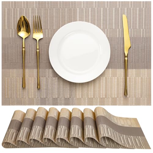 Chitomars Tischsets Abwaschbar 8er Set, Platzsets Abwaschbar PVC Hitzebeständig Tischset Outdoor Vinyl Gewebte Platzdeckchen für Häuser Restaurants Hotel Tischdekos(Grau Golden,8er Set)