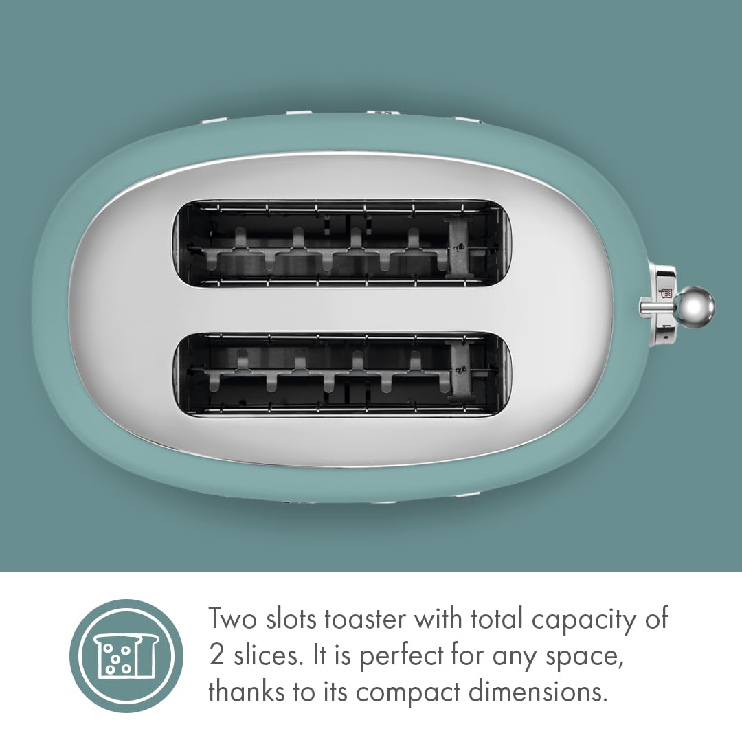 SMEG 2 Slice Toaster with 6 Presets and Defrost Function and Removable Crumb Tray (Jade)